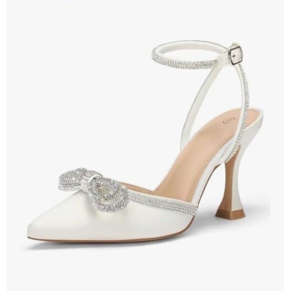 Pointed Toe Satin Wedding Shoes for Bride White High Heels Rhinestones Size 9.5